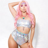 2 Pcs/Set Holographic Shiny Wet Look Strapless Crop Top Sexy Hot Panty Metallic Tube Top and Shorts