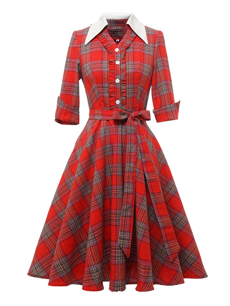 Turn-Down Collar Frilled Button Up Red Plaid Vintage Women 3/4