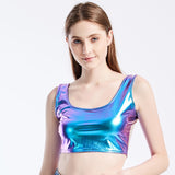 Shiny Women Metallic Rave Dance Festival Clubwear Crop Tank Tops Short Vest Summer Sleeveless Scoop Neck Holographic Top