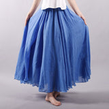 Women Linen Cotton Long Elastic Waist Maxi Beach Boho Casual Lady Vintage Pleated Skirt