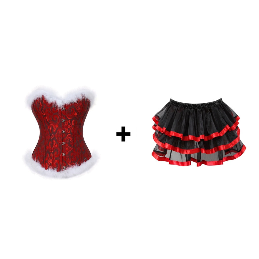 Corset Set Red Corset with Black Lace and Skirt