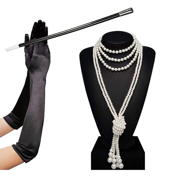 1 Set, 1920 Accessories Set, 1920s Fashion Headband Holder Long Gloves Pearl  Necklace Great Gatsby Accessories For Women, Ladies Fancy Setset 4