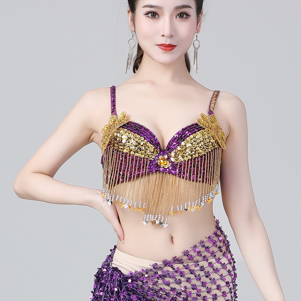 Cheap Womens Sparkle Sequins Beading Padded Bra Belly Rave Dance Crop Top