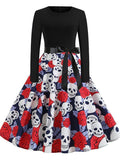 Halloween Skull Print Crew Neck Dress