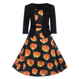 Women Halloween Dress Robes Vintage Pinup Three Quarter Sleeve Pumpkin Printed Office Swing Dress