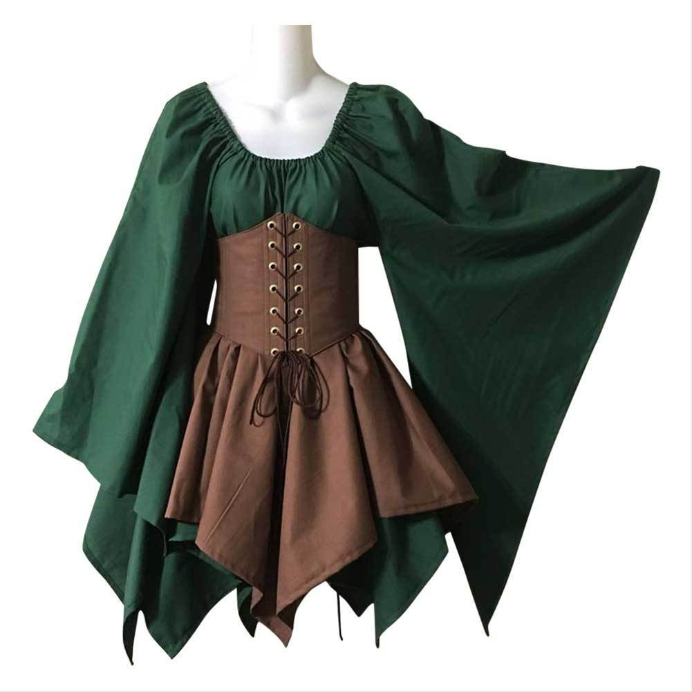 Women Medieval Costume Woodland Wood Elf Fairy Fantasy Waist Cincher Corset Set Top and Jagged Skirts