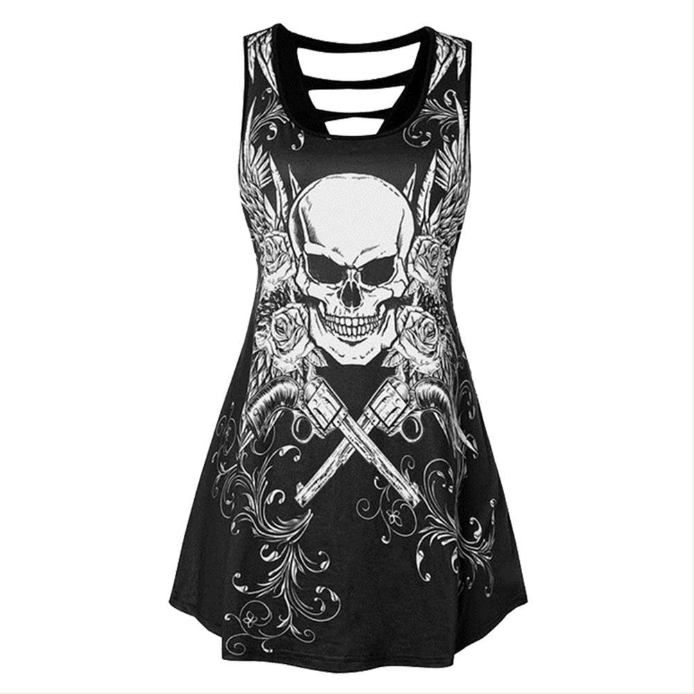 Women Sexy V-Neck Skull Print Sleeveless Bodycon Dress Club Party Mini Tank Dress Summer Shirt Dress Plus Size