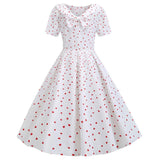 Women Fashion Retro Vintage Dress Doll Peter Pan Collar Dress Heart Print Bowknot Hepburn Elegant Party Dress