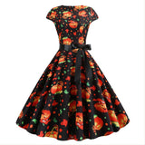 Women Cap Sleeves Pumpkin Ghost Belted Halloween Dress