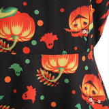 Women Cap Sleeves Pumpkin Ghost Belted Halloween Dress