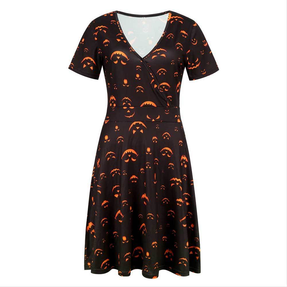 Women's Short Sleeve V Neck Halloween Pumpkin Prints Dress Costumes Party A Line Dresses