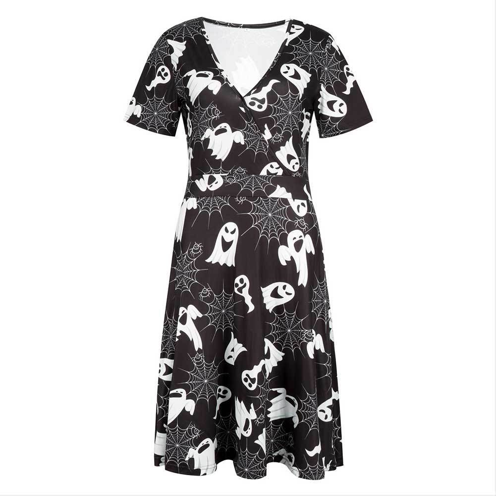 Women's Short Sleeve V Neck Halloween Ghost Prints Dress Costumes Party A Line Dresses