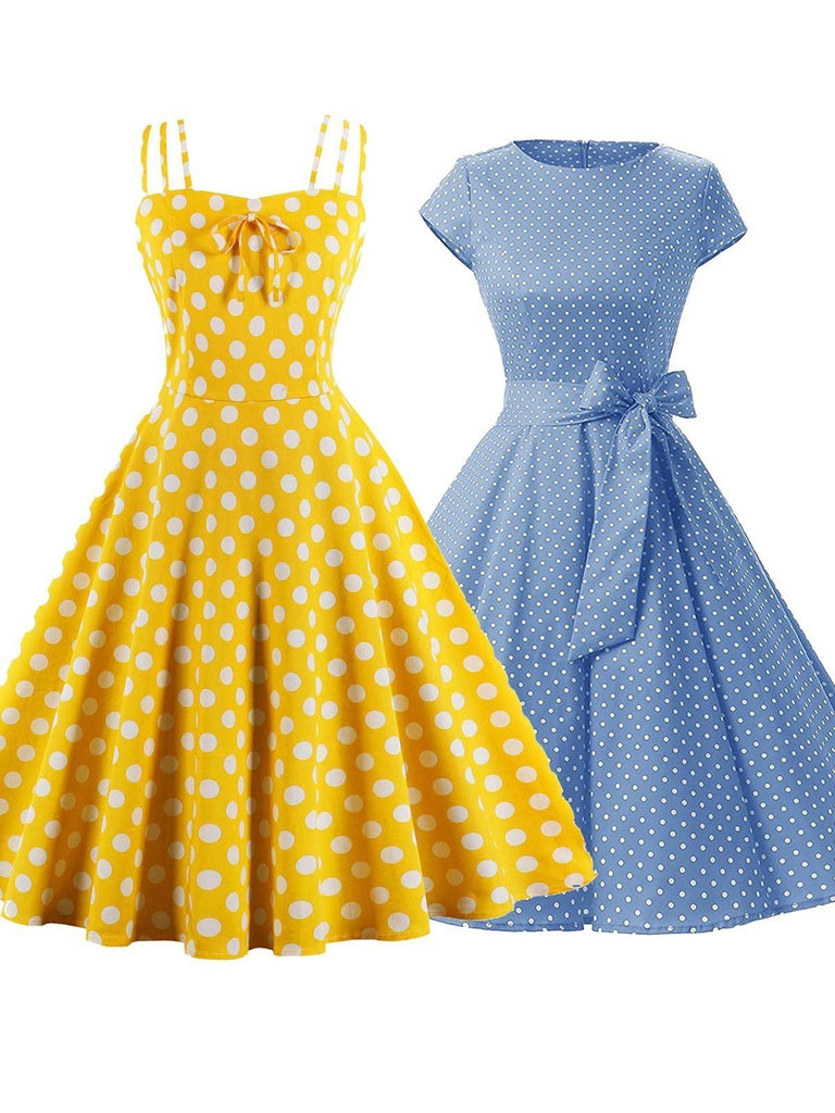 2PCS Top Seller Yellow & Blue Polka Dot 1950s Dresses