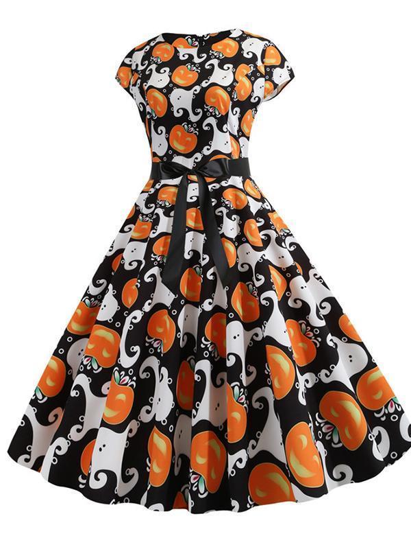 Halloween Pumpkin Print Crew Neck Dress