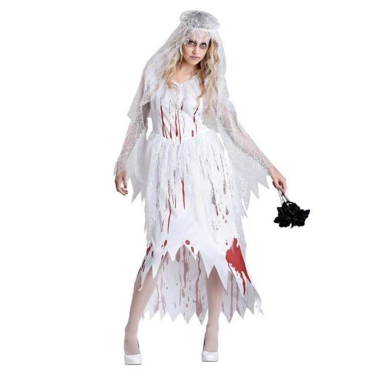 Women White Bloody Bride Costume Zombie Corpse Bride Cosplay Dress Scary Halloween Costume