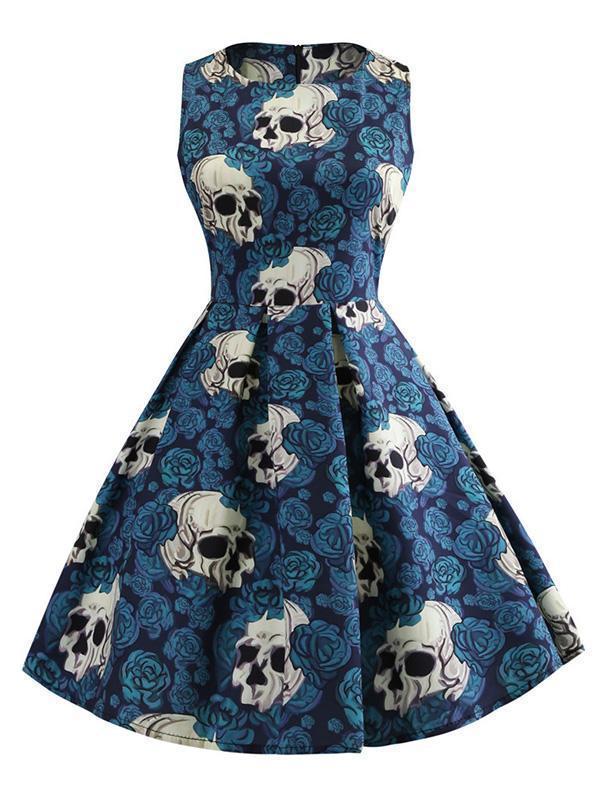 Halloween Skull Print Sleeveless Dress