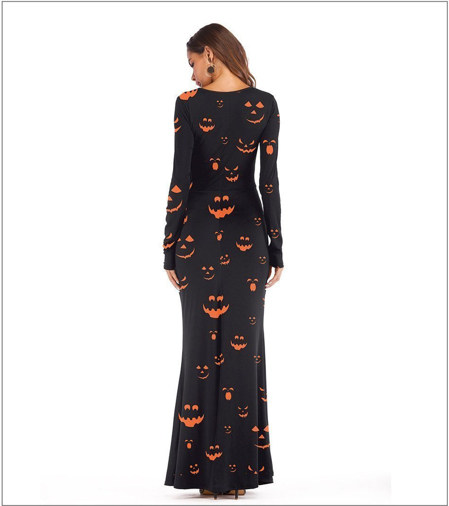 Halloween Cosplay Dress Up Pumpkin Light Print Long Sleeve Dress