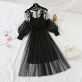 Spring Autumn Floral Embroidery Applique Sweet Tulle Mesh Dress Lantern Sleeve Elegant Midi Dress