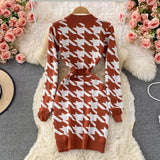 Elegant Vintage Houndstooth Knitted Dress Autumn Winter V Neck Long Sleeve Mini Bodycon Dress