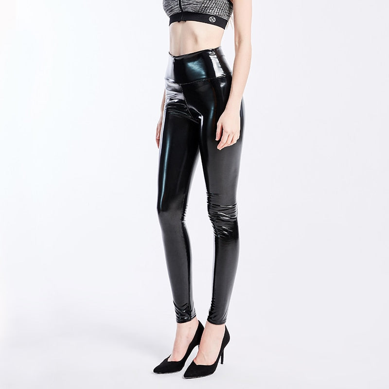 Black Sexy High Waist Elastic Pu Leather Skinny Pants Shiny Wet Look Metallic Latex Leggings