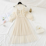 Spring Autumn Floral Embroidery Applique Sweet Tulle Mesh Dress Lantern Sleeve Elegant Midi Dress