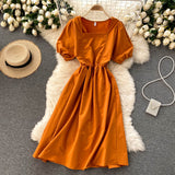 Vintage Square Neck Short Puff Sleeve Waist Back Tie Chic Casual Midi Dress