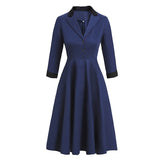 Navy Blue Notched Collar Button High Waist Vintage Robe Women Swing Dress