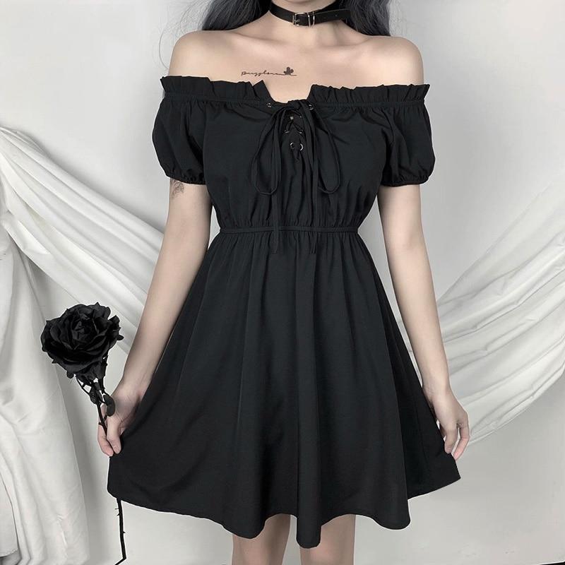 Black Off Shoulder Mini Dress Gothic Bandage High Waist Pleated Vestidos Harajuku Casual Short Sleeve Lace Up Punk Skater