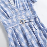 Cotton Retro Vintage Women Swing Dress With Belt Blue Plaid Print V Neck Short Sleeve Pin Up Rockabilly Swing Sundress For Party