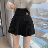 Kawaii Black Pleated Skirts Women High Waist Mini Skater Metal Letter D Design A-Line Clubwear Korean Streetwear Casual Skirts