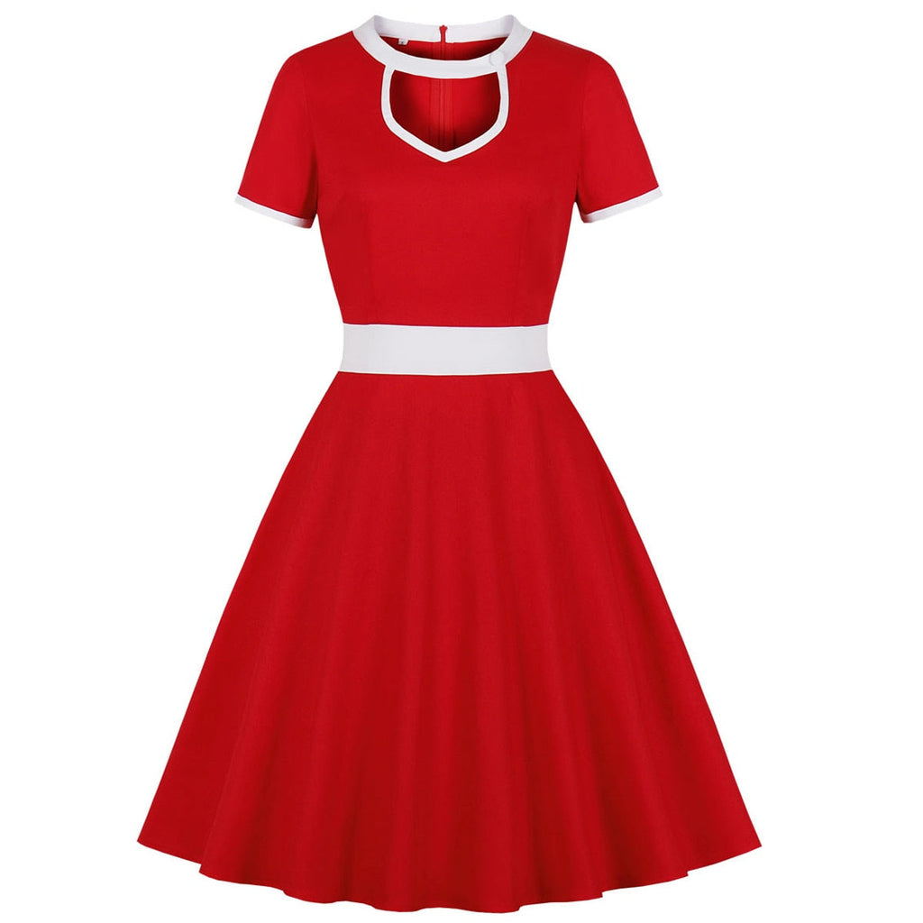 Solid Color A Line Swing Retro Vintage Dress Short Sleeve Hepburn Party Sundress Cotton Red Women Summer Casual Daily Dresses