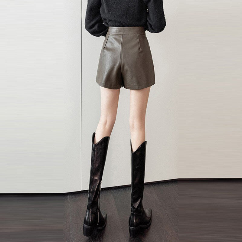 PU Leather High Waist Casual Shorts Women Fashion Korean Style Streetwear All-match Ladies Short Pants