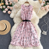 Beach Chiffon Floral Summer Dress Round Neck Sleeveless Casual Mini Dress With Belt