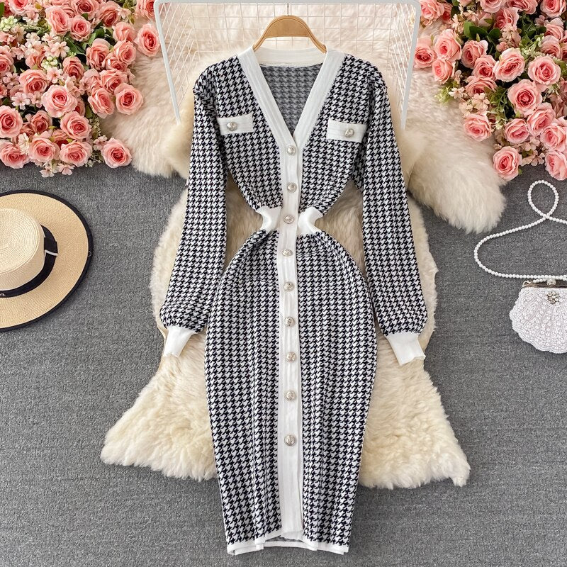 Fall Winter Elegant Office Single Breasted Cardigan Sweater Dress Houndstooth Knitted Bodycon Midi Dress