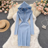 Long Sleeve Hooded Knitted Striped Dresses Women Autumn Winter Casual Sweater Dress