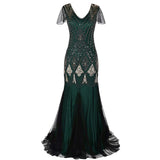 Formal Retro 1920s Sequin Evening Dress V-Neck Short Sleeve Mesh Bead Fishtail Skirt