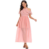 Long Formal Halter Backless Lace Chiffon Runway Evening Gowns Pink Beach Party Boho Dress