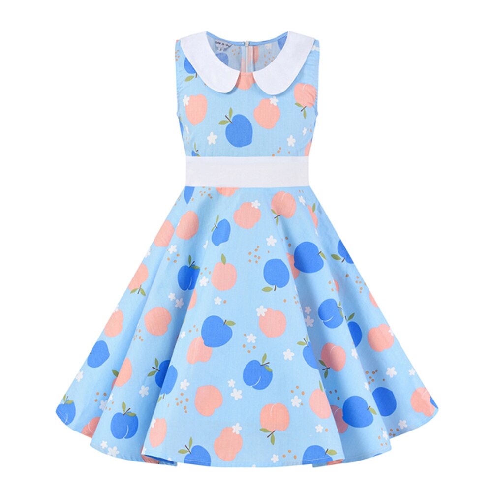 2022 Casual 50s 60s Swing Vintage Dress for Children Kids Swing Cotton Retro Cherry Floral Print Polka Dot Dress for Girl