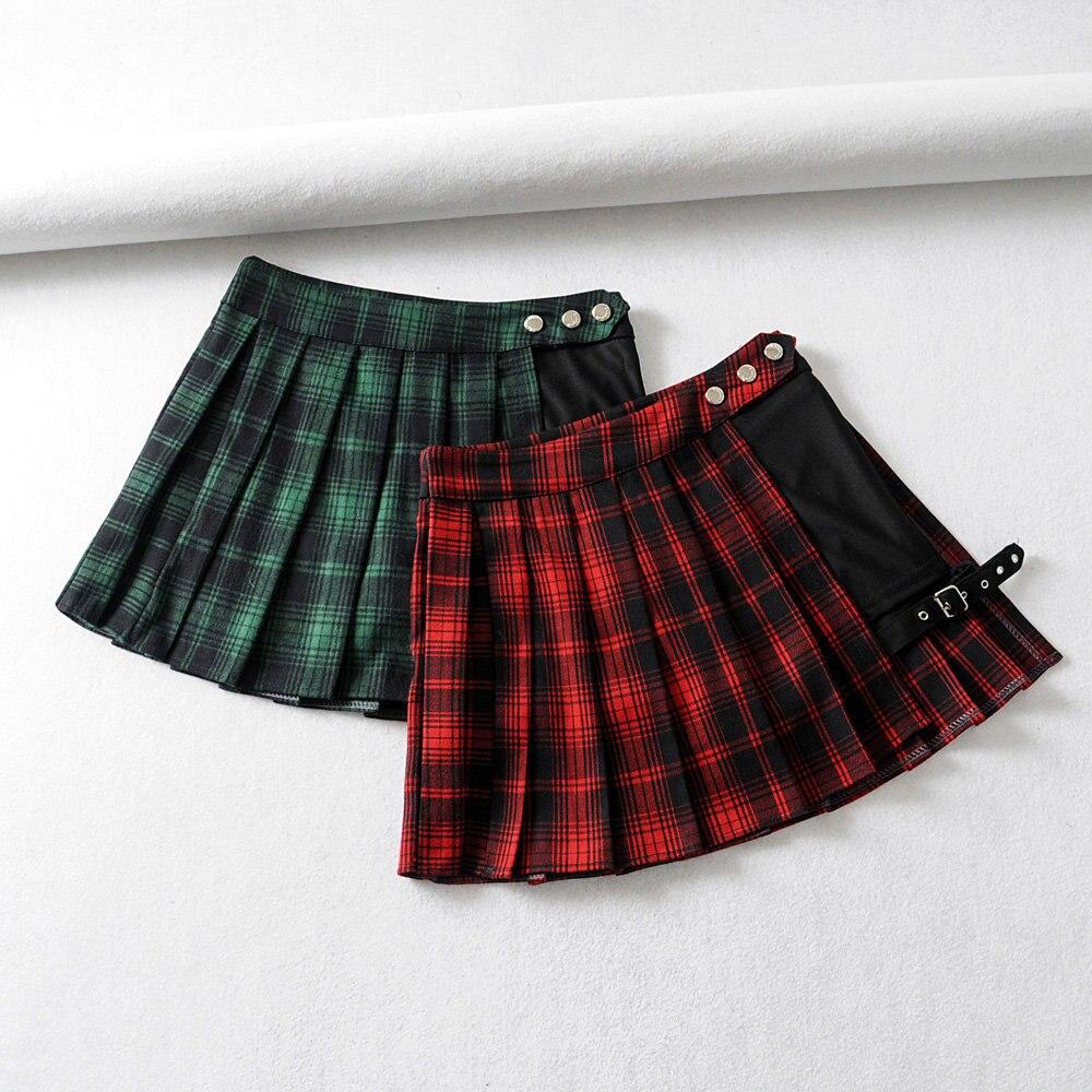 Gothic Punk Harajuku Vintage Plaid Mini Skirt Women Pleated A-Line High Waist Casual Plus Size Chic Red Black Goth Skater Green