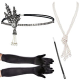 4pcs/set 1920s Flapper Accessories Set Rhinestone Headpiece Pearl Knot Necklace Bracelet with Cigarette Holder