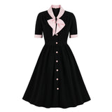 1950s Elegant Women Short Sleeve Bowknot Button Robe Pin Up Swing Retro Party Vintage Dress