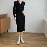 V Neck Long Sleeve Bodycon Ribbed Knitted Dress Autumn Winter Button Elegant Casual Midi Dress