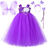 Purple Flower Girl Long Dresses for Teenage Girls Clothing Costumes Kids Fairy Tutu Dress with Wings Set Children Floor Clothes