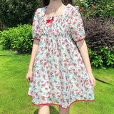 Japanese Fashion Sweet Kawaii Elegant Loose Floral Printed Lady Dress Spring Square Collar Puff Sleeve A-Line Loose Dresses