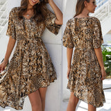 Leopard Deep V-Neck Women Short Sleeve Irregular Loose Elegant Sexy Dress