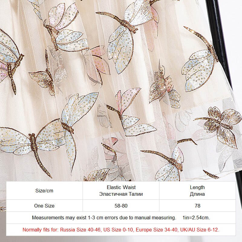 Dragonfly Sequin Embroidered Mesh Midi Skirt Elastic High Waist A-Line Women Summer Skirt