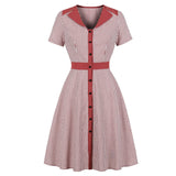 Vintage Single Breasted V-Neck High Waist Striped Casual Ladies Red A Line Flare Dress