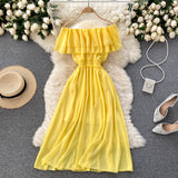 Women Solid Color Casual Chiffon Dress Elegant Double Ruffle Sexy Off Shoulder Dress Summer Clothes Sundress