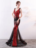 Sleeveless V-neck Evening Dress Black-Burgundy Mermaid Formal Party Dresses Shinning Sequins Floor-length Prom Gowns Backless