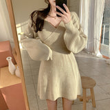 Winter Casual Sweater Dress Crossover V Neck Long Sleeve Knitted Short Mini Dress